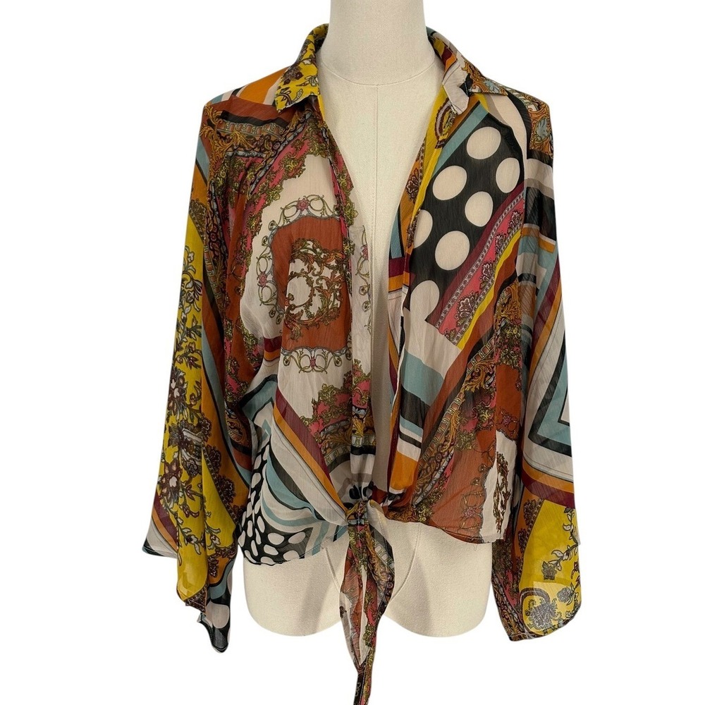 Timing Tie Front Blouse Multicolor Mixed Print Sheer Chiffon Top M